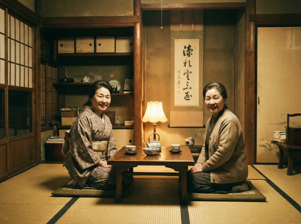 两位优雅的 FH体育app 在日式茶室中品茶交谈